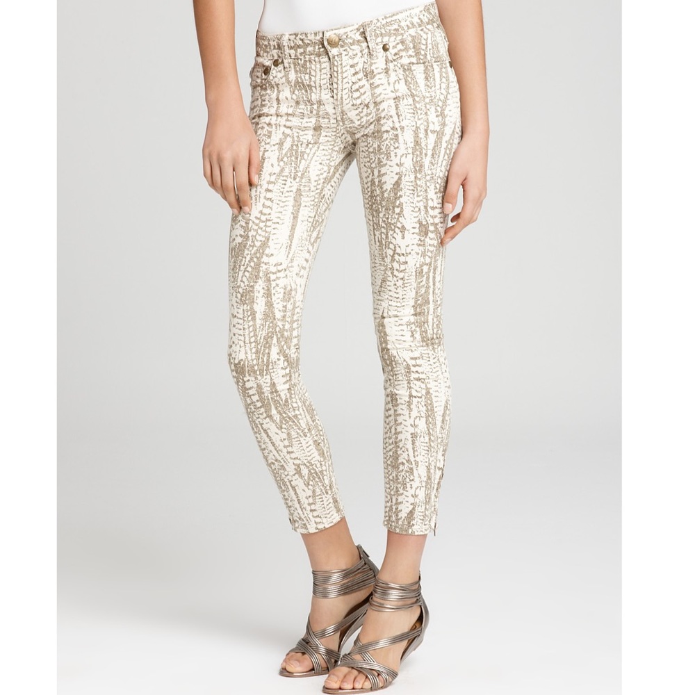 Free People Feather Print Cropped Skinny Jeans Boho Coastal Cowgirl